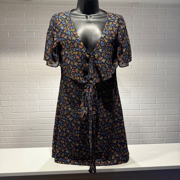 Madewell Floral Mini Dress Tie Front V Neck Short Sleeve Women's Size 00 - Picture 1 of 6